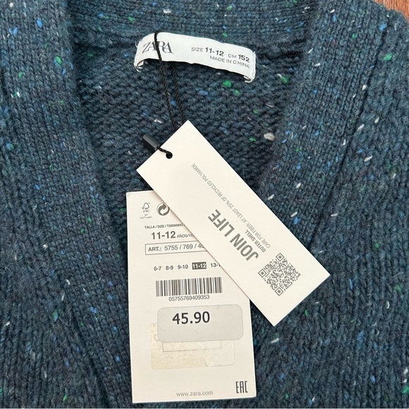 Zara Kid's Wool and Alpaca Blend, Marled Blue Cardigan Sweater, Size 11/12, NWT - Picture 11 of 12